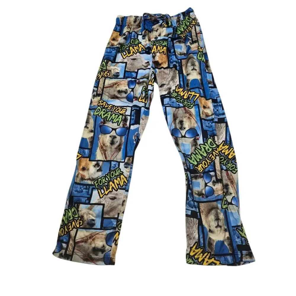 Y2K Llama Graphic Pajama Pants Mens Lounge Sleepwear Flannel Drawstring Cozy 90s